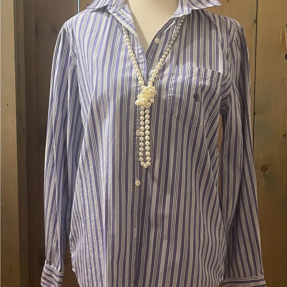 Ralph Lauren Purple and White Striped Button Down Shirt